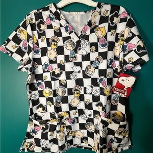 Peanuts Black and White Checkered Scrub Top with Characters